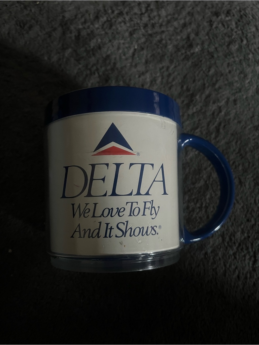 Delta Logo Coffee Plastic Mug in Blue and White with Red Accent